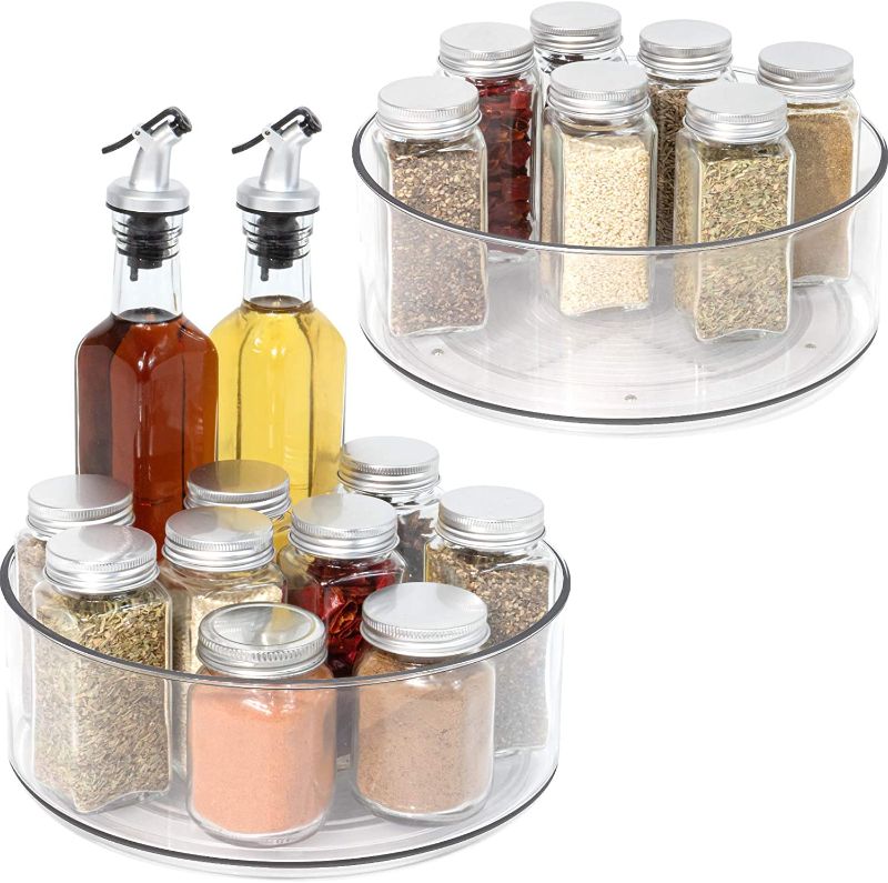 Photo 1 of 2 Pack Round Plastic Clear Rotating Turntable Organization & Storage Container Bins for Cabinet, Pantry, Fridge, Countertop, Kitchen, Vanity - Spinning Organizer for Spices, Condiments