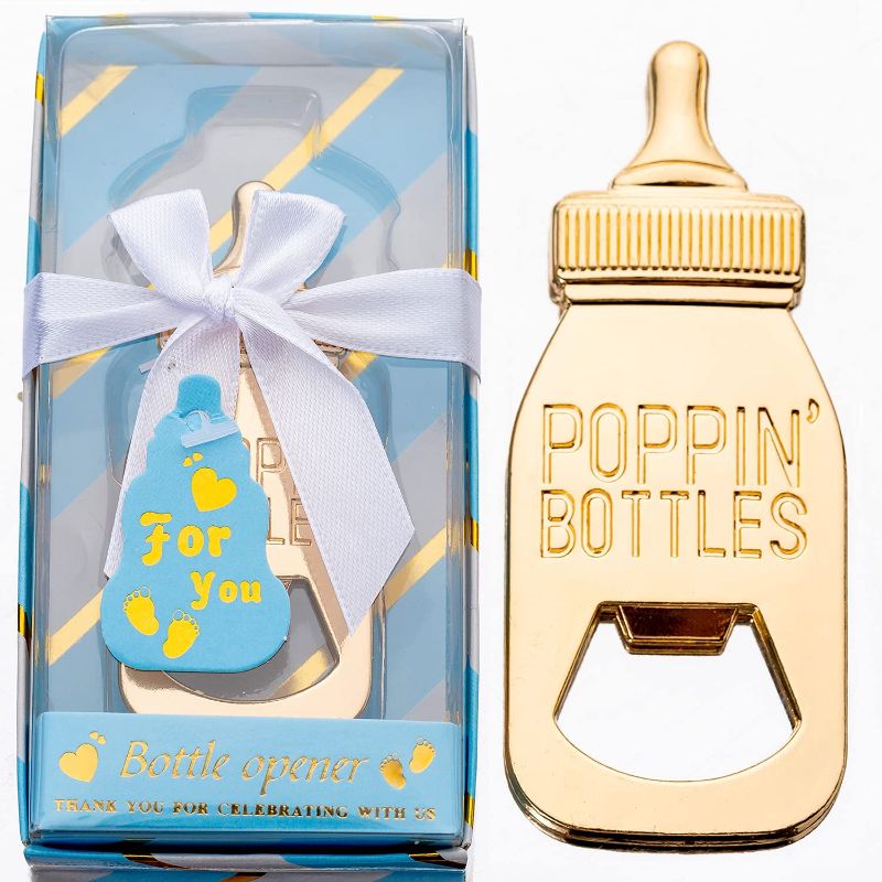 Photo 1 of 24Packs Baby Bottle Opener for Baby Shower Favors Gifts Baby Bottle Opener Decorations Souvenirs, Poppin Bottles Openers with Gifts Box for Guests  Gender Reveal Party Favors (blue, 24)
