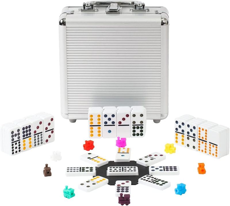 Photo 1 of Double 12 Coloured Dot Dominoes Mexican Train Game Set with Aluminum Case, 91 Tiles 9 Trains, Scoreboard, Octagon Shape Hub
