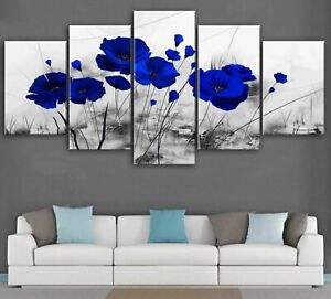 Photo 1 of Blue Poppy Flowers 5 Panel Canvas Print Wall Art Poster Home Decoration
