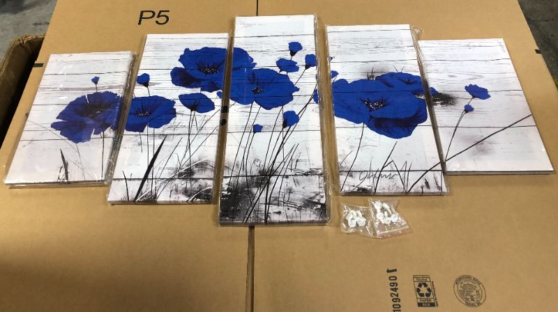 Photo 2 of Blue Poppy Flowers 5 Panel Canvas Print Wall Art Poster Home Decoration
