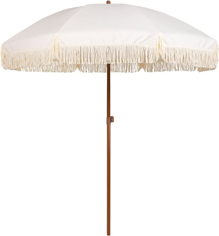 Photo 1 of AMMSUN 7ft Patio Umbrella with Fringe Outdoor Tassel Umbrella UPF50+ Wood Color Steel Pole and Steel Ribs Push Button Tilt,White----PACKAGE DAMAGED---USED