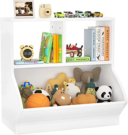 Photo 1 of Aheaplus Toy Storage Organizer with Bookcase, 3 Cubby Bookshelf Toy Storage Cabinet, Open Multi-Bins Toys&Books Storage Display Organizer for Playroom, Bedroom, Nursery, School, White--Major packaging damaged, Unknown missing parts sold as is