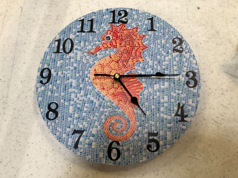 Photo 2 of Abucaky Seahorse Mosaic Background Wall Clock Battery Operated Silent Non Ticking Round Clock Summer Ocean Theme Wall Decor for Home