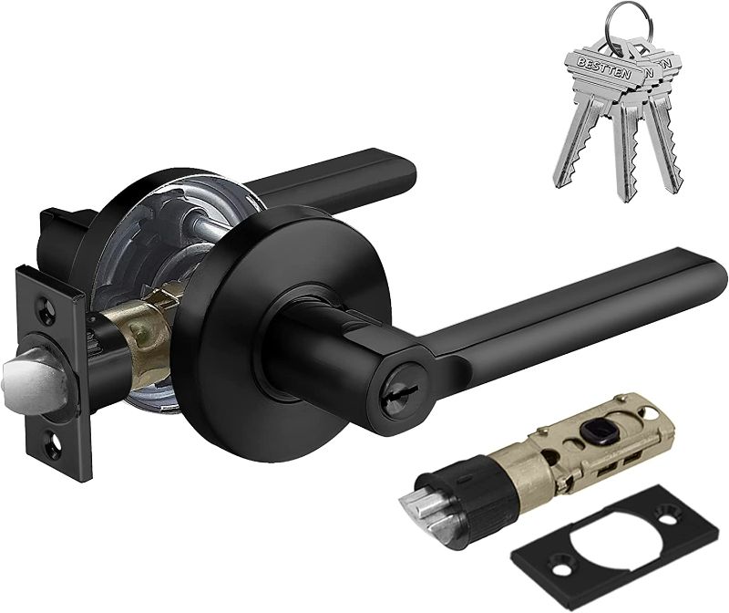 Photo 1 of BESTTEN Heavy Duty Matte Black Entry Door Lever with Removable Latch Plate, All Metal Round Door Handle, Exterior Interior Entry Locks, Commercial and Residential, Vienna Series