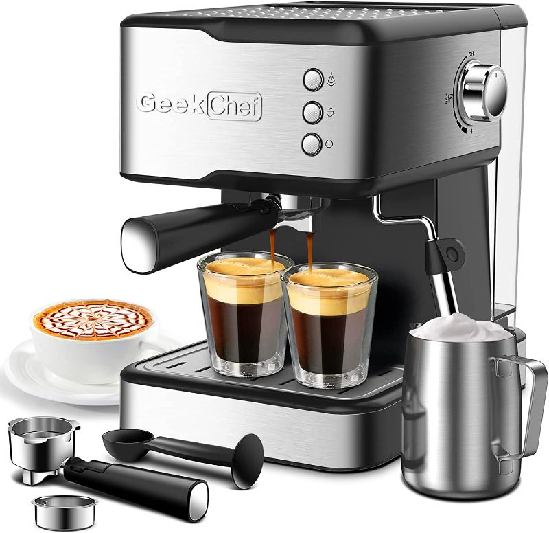 Photo 1 of Geek Chef Espresso Machine Coffee Machine with Milk Frother Steam Wand, 20 Bar Pump Pressure Espresso and Cappuccino latte Maker, 1.5L Water Tank, for Home Barista, 950W, Black, Stainless steel
