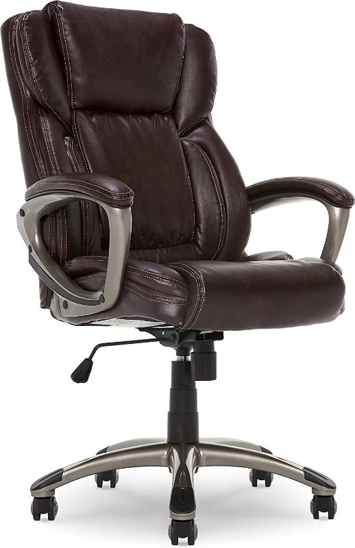 Photo 1 of Serta Executive Office Adjustable Ergonomic Computer Chair with Layered Body Pillows, Waterfall Seat Edge, Bonded Leather, High-Back, Brown
