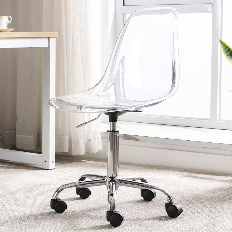 Photo 1 of Villeston Acrylic Rolling Clear Chair, Modern Cute Armless Vanity Home Office Desk Lucite Ghost Chairs with Adjustable Height and Wheels, Clear