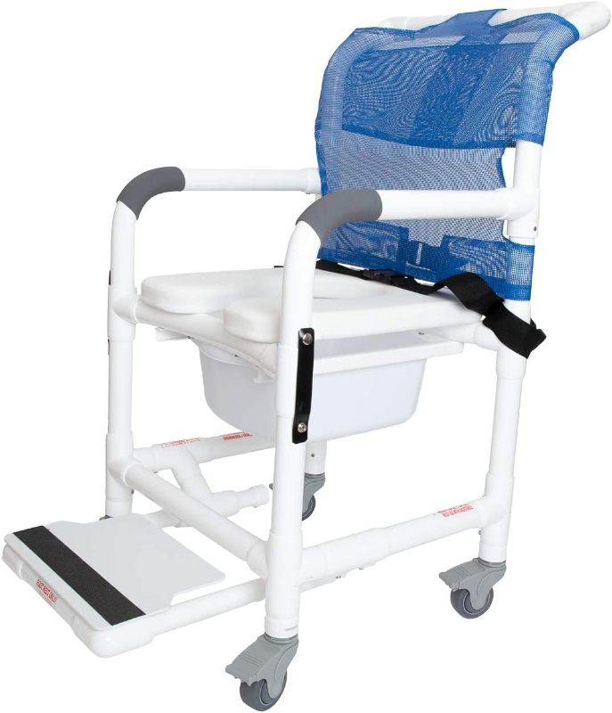 Photo 1 of Deluxe Rolling Shower Chair with Drop Arms, Padded Seat, Non-Slip Locking Casters, Seat Belt, Slide Out Footrest and Commode Pail. 300 lb. Capacity, Fits Over Standard Toilet. Institutional Grade-DL-1

