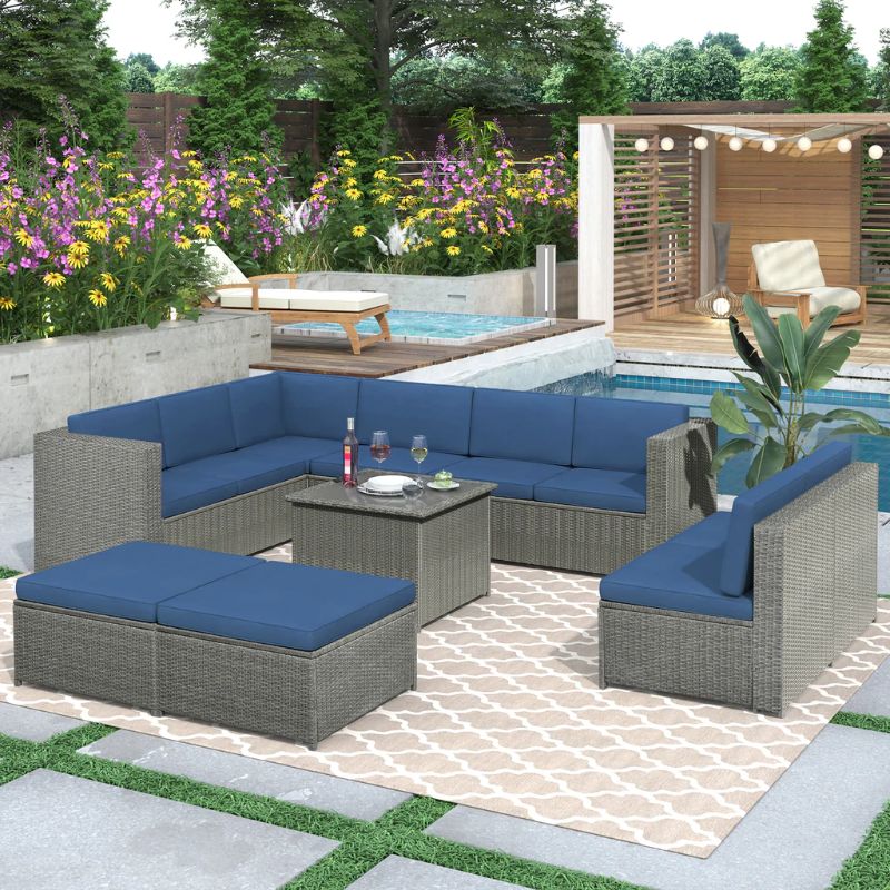 Photo 1 of 9 Piece Rattan Sectional Seating Group with Cushions and Ottoman
