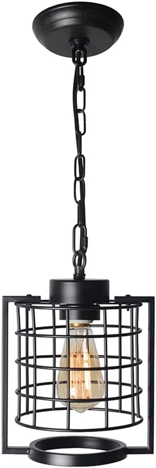 Photo 1 of 1-Light Small Retro Industrial Cylindrical Lantern Pendant Lighting Fixture for Kitchen Island, Entryway, Foyer, Hallway, Adjustable Farmhouse Lamp with Black Metal Cage Shade, UL E26 VE20029
