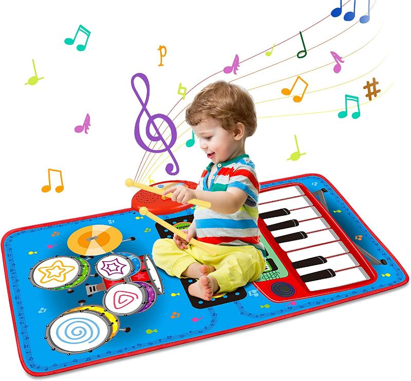 Photo 1 of Baby 2 in 1 Musical Mats-Piano Keyboard & Drum for Toddlers-Early Education Portable Touch Musical Play mat-Learning Toys Gifts for 1 2 3 4 5+ Ages Baby Girls Boys Toddler?27.2“ x 17.5“?NEEDS BATTERIES
