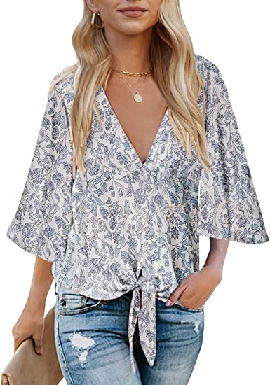 Photo 1 of Bluetime Womens Summer Tops Boho 3/4 Sleeve V Neck Tie Front Shirts Casual Floral Blouses SIZE MEDIUM