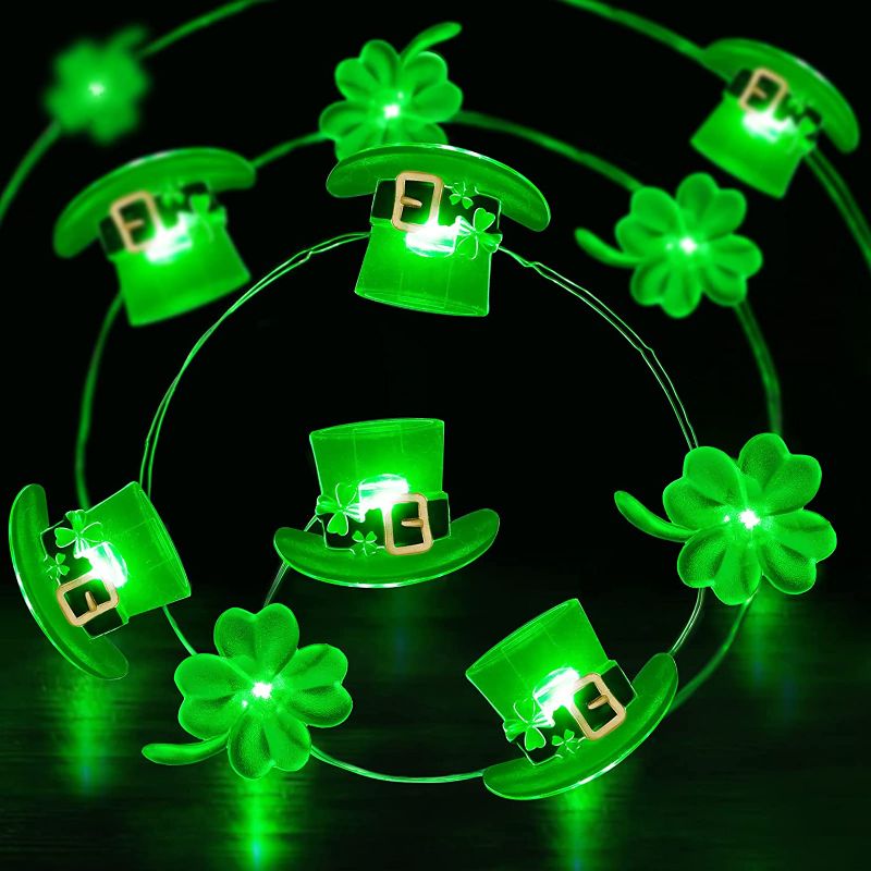 Photo 1 of 13 Feet 40 LED Leprechaun Hat and Shamrocks String Lights Fairy String Lights Battery Powered with 8 Flash Modes, Remote, Timer for St. Patrick's Day Irish Decorations Indoor Outdoor Home Party