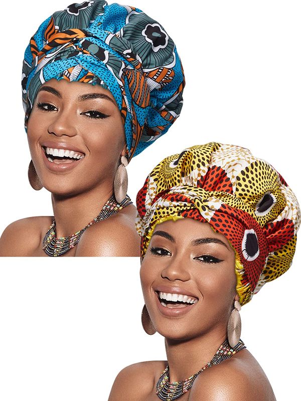 Photo 1 of  2 Pieces Satin Lined Hair Bonnet Double Layer Ankara African Print Head Scarf Headwraps Turban Hat