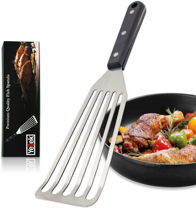Photo 1 of Yellek 12.4-Inch Stainless Steel Slotted Turner with Heat-Resistant Handle and Beveled Edges for Cooking, Flipping, Grilling, and Frying. Dishwasher safe and riveted handle with hanging hole
