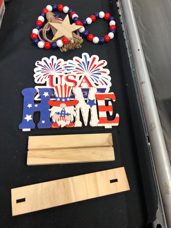 Photo 2 of 4th of July Decorations Tiered Tray Decor, Patriot Decorations with Gnomes Memorial Day Decorations Wooden Signs Red White and Blue Bead Garland, Farmhouse Tiered Tray Decorations (Tray Not Included)
