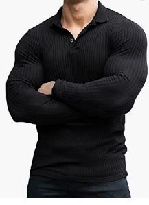 Photo 1 of COOFANDY Men's Stretch Muscle Tshirts Long Sleeve Knit Tees Casual Slim Fit Polo Shirts  -- Size XXL --