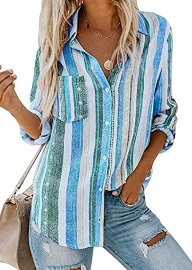 Photo 1 of Beautife Womens V Neck Striped Button Down Collared Roll up Sleeve Casual Tunic Shirt Blouse Tops SIZE SMALL