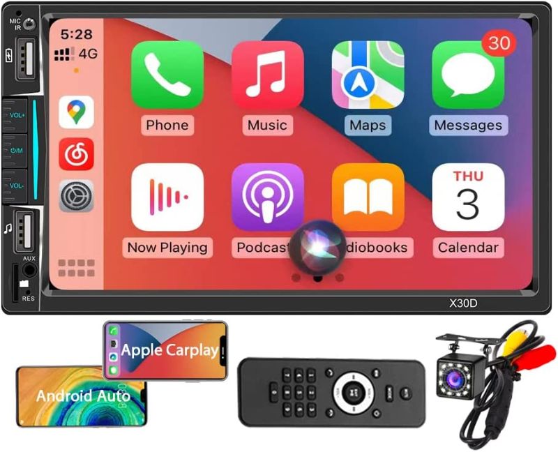 Photo 1 of Double Din Car Stereo with Apple CarPlay and Android Auto, 7 Inch Touchscreen Radio with 2 USB Ports Bluetooth 5.0 and 12LED Backup Camera, Phone Mirror-Link Multimedia Car Audio Receiver
