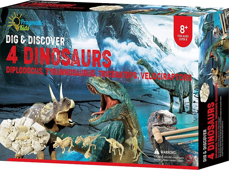 Photo 1 of 4in1 Jumbo Dino Digging Kit! Educational Dinosaur Digging Fossil Skeleton Kit for Kids. 4 Different Dinosaurs: Diplodocus, Tyrannosaurus, Triceratops, Velociraptors