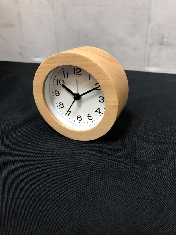 Photo 2 of 3-Inches Round Wooden Alarm Clock with Arabic Numerals, Non-Ticking Silent, Backlight, Battery Operated, Brown
