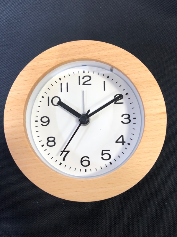 Photo 1 of 3-Inches Round Wooden Alarm Clock with Arabic Numerals, Non-Ticking Silent, Backlight, Battery Operated, Brown
