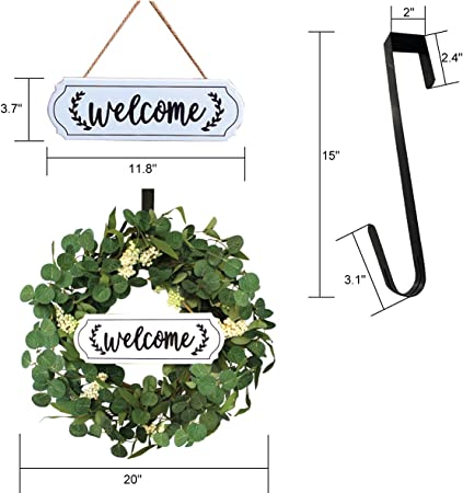 Photo 1 of Artificial Eucalyptus Wreath, OrgMemory Floral Wreath, (Welcome Sign, 20”, Metal Hanger), Greenery Wreath for Home Party Festival Wedding Decor (Eucalyptus Green)