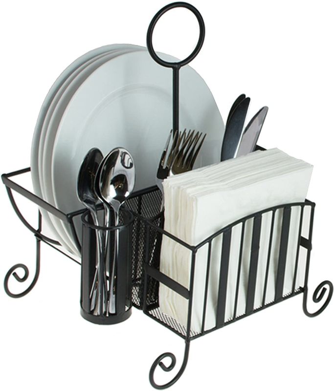 Photo 1 of MyGift Black Metal Buffet Caddy Napkin Plate and Flatware Holder with Handle, Picnic Silverware Utensil Holder Caddy
