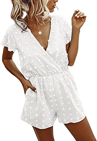 Photo 1 of BTFBM Women Fashion Wrap V-Neck Swiss Dot Print Soft Short Sleeve Elastic Waist Plain Summer Shorts Jumpsuit Romper\ - SMALL -