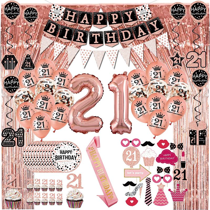 Photo 1 of 21st Birthday Decorations for her - (76pack) Rose Gold Party Banner, Pennant, Hanging Swirl, Birthday Balloons, Foil Backdrops, Cupcake Topper, Plates, Photo Props, Birthday Sash for Women Gift