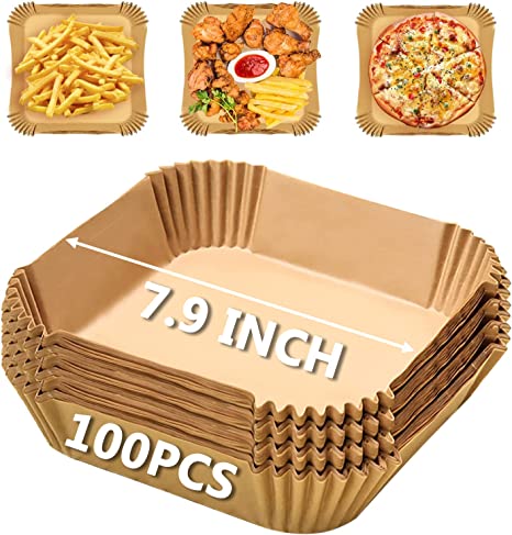 Photo 1 of Air Fryer Disposable Paper Liners Square, 7.9 Inch Air Fryer Parchment Paper Liner 100 PCS, Non-Stick Air Fryer Paper Pads Oil Resistant, Food Grade Baking Paper for Roasting Microwave