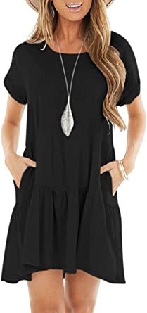Photo 1 of Berryou Women Short Sleeve Pocket Casual Plain Flexible Loose Ruffle Swing T-Shirt Dress 2022 size 2xl