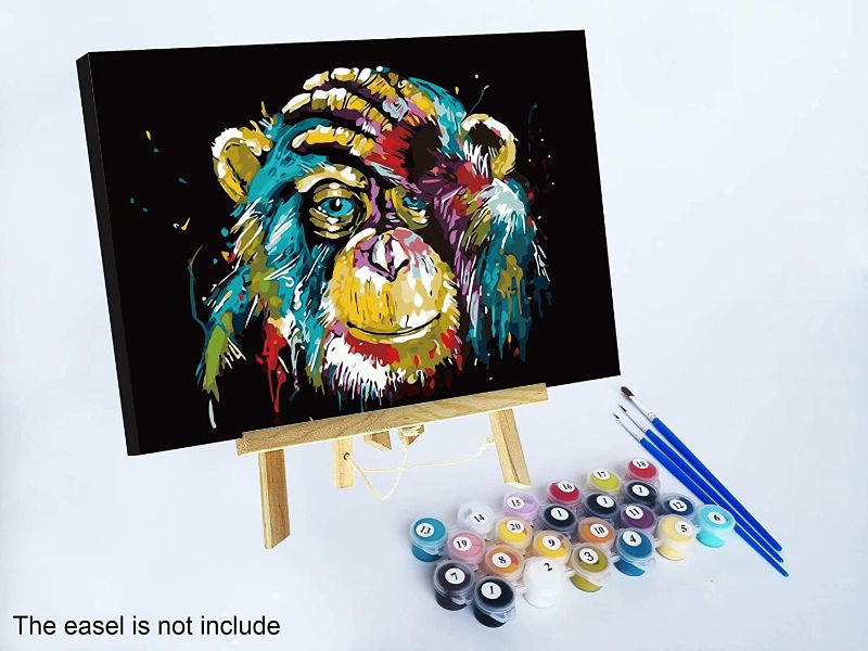 Photo 1 of EHIOR Paint by Numbers with Frame 16 x 12 inches Wood Framed Canvas Painting with Acrylic Paints, Magnifier, and Brushes for Adults and Kids Beginner - A Shy Colorful Chimp
