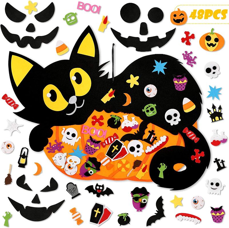 Photo 1 of 2.95 Felt Applique Halloween Ornament Pumpkin Cat Felt Set Decoration Halloween DIY Felt Decoration with 48 Pieces Ornaments for Party Halloween Home Wall Decorations
