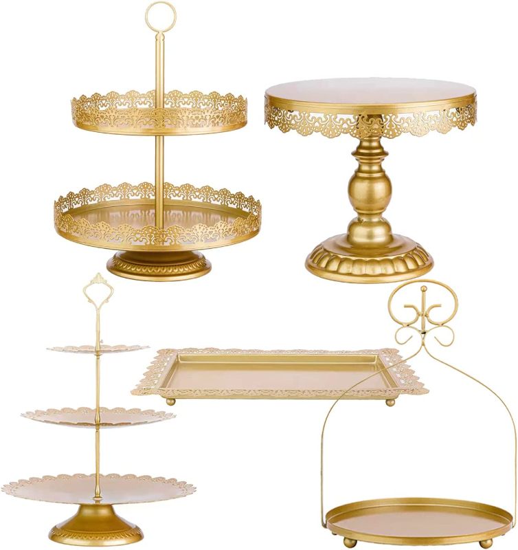Photo 1 of ZUMELER 5Pcs Gold Cake Stands Set Metal Round Cupcake Holder Cookies Dessert Display Plate Serving Tower Tray Platter with Handl for Baby Shower Wedding Birthday Party Decorating  --- FACTORY SEALED ---
