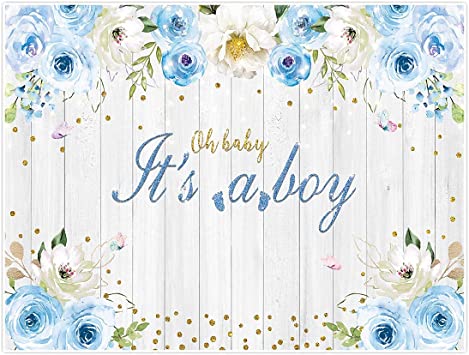 Photo 1 of Allenjoy 8x6ft It's a Boy Floral Baby Shower Backdrop for Boy Photography Blue Flower Theme Wooden Oh Baby Birthday Party Supplies Decorations Photoshoot Photo Studio Props Favor Banner Background
