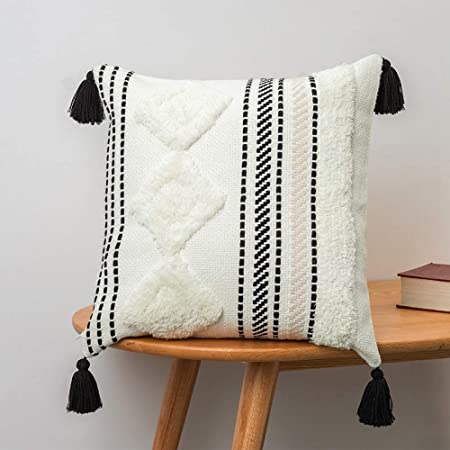 Photo 1 of 20x20 Pillow Cover Morocco Throw Pillow Cover for Couch Bed, Boho Tufted Square Decorative Pillow Cover, Farmhouse Accent Textured Throw Pillow Case, Black Off White
