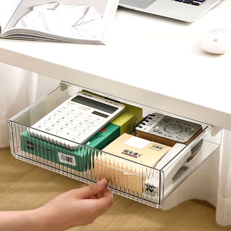 Photo 1 of Newthinking Under Desk Drawer Organizer, Self-Adhesive Hidden Drawer Tray, Under Table Drawer for Office, School and Home (Clear)