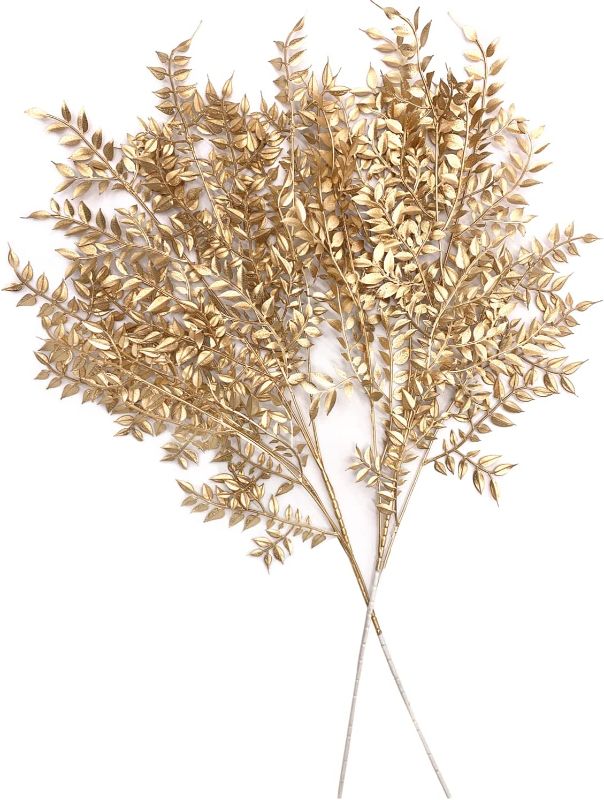 Photo 1 of Artificial Golden Leaves Plants for Christmas Decoration Tall 30 Inch, Fake Plant Grass Plant Bushes Faux Shrubs Greenery Indoor Outside Planter Vase Filler Festival Home Garden Decor - Gold 2 Pack