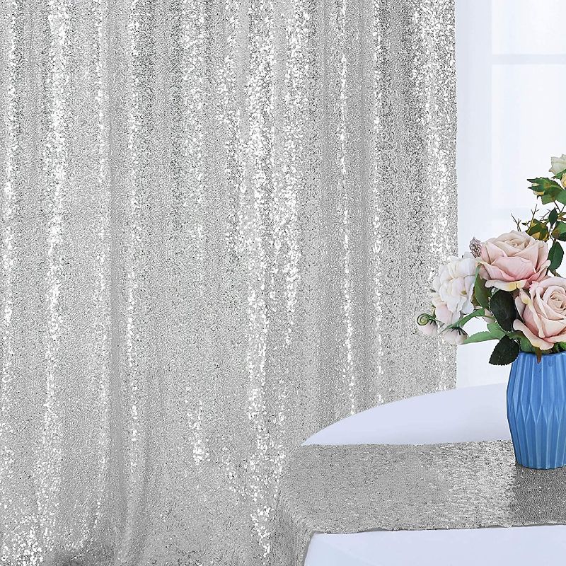 Photo 2 of 7×7FT Silver Sequin Backdrop Curtain, Photography Backdrop Glitter Curtains Fabric Background for Wedding Party Decor