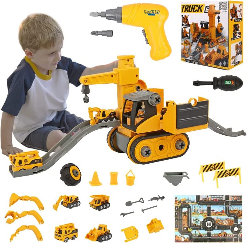 Photo 1 of Excavator Toy for Kids,4 in 1 Construction Toy Truck with Drill and Map,Toys for 3 Year Old Boys, Assemble Sliding Track with Map,Floor Drill,Crane,Excavator with Electric Drill for Kids 3 Years +
