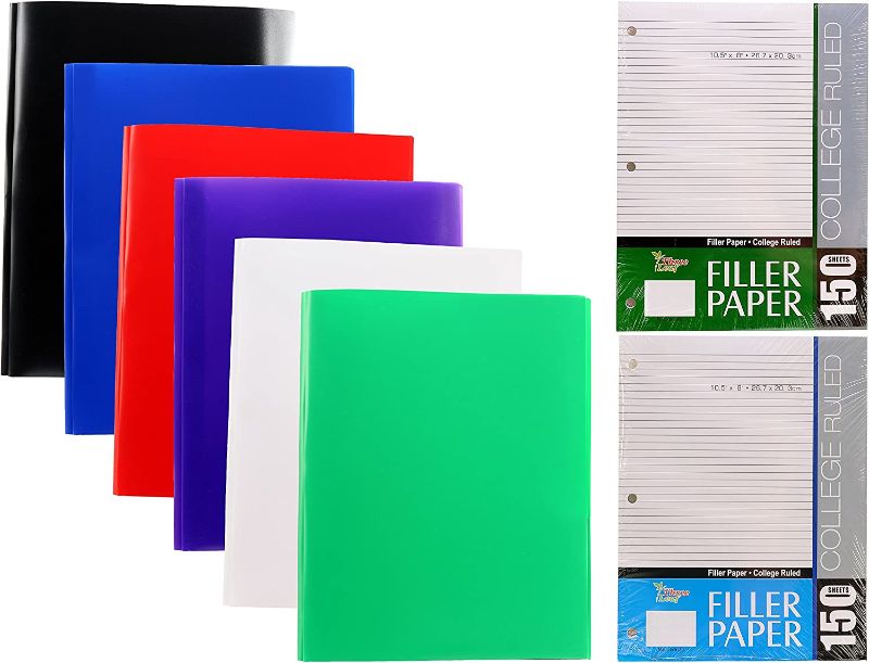 Photo 1 of 6-Pack Two Pocket Poly Portfolio with Prongs - 300 Pages Filler Paper, College Ruled
