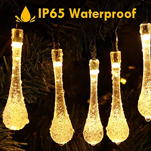 Photo 4 of 2-Pack 100 LED Solar Water Drop String Lights, Total 32FT Water Drop Icicle Fairy String Lights with 8 Modes, Outdoor Waterproof Teardrop Decor Lights for Christmas Garden Party Wedding (Warm White)
