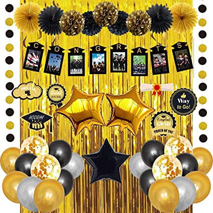 Photo 2 of 2022 Graduation Party Decorations 43pcs Set Black Gold Banner Balloon Paper Pompoms Hanging Swirls Foil Curtains for Adults Kids High School College Senior Grad Party Decoration Photo Frame Yard Sign
