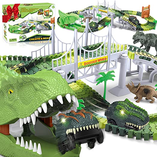 Photo 1 of Dinosaur Train Set Toys with Flexible Track, Tunnel, 2 Dinosaurs, 2 Led Dino Car, Kids Race Car Track Toys for 3 4 5 6+ Year Old Boys Girls Christmas Birthday Gifts
