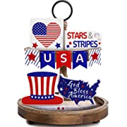 Photo 1 of 5 PCS 4th of July Tiered Tray Decor (Tray Not Included) - 4Pcs Patriotic Mini Wood Block Bundle, 1Pc USA Mini Wooden Sign Banner - Fourth of July Gift, Veterans Day, Memorial Day Home Decor
