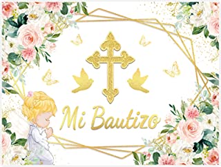 Photo 1 of Allenjoy 96" x 72" Pink and Gold Floral Baptism Backdrop for Baby Girl Spanish Mi Bautizo Butterfly Pigeon 1st Birthday Party Supplies Decorations Banner Photo Booth Props Favor Background
