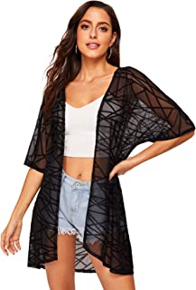 Photo 1 of Floerns Women's Half Sleeve Open Front Geo Print Sheer Cardigan Kimono Coverup
M