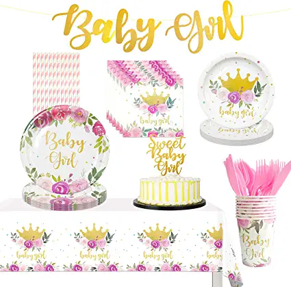 Photo 1 of HIPEEWO Baby Shower Decorations for Girls Plates and Napkins Tableware - Plates, Cups, Napkins, Banner, Cultery, Tablecloth, Straws, Topper, for Floral Theme Baby Shower Party Supplies | Serve 16
